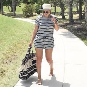 BDG jersey knit gray and navy striped short romper